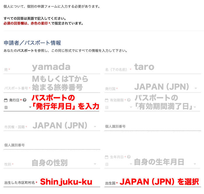 パスポートの発行年月日、出生した市区町村名、出生国を入力