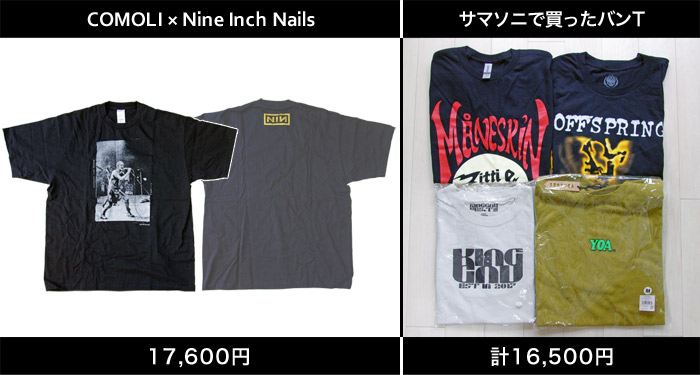 COMOLI（コモリ）× Nine Inch Nails（ナイン・インチ・ネイルズ）のコラボレーションバンドTシャツとサマソニで買ったバンドTシャツとの価格比較