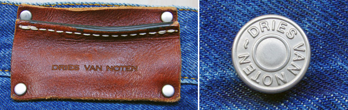 DRIES VAN NOTEN（ドリス ヴァン ノッテン）のデニムパンツのレザーパッチとドーナツボタンの写真