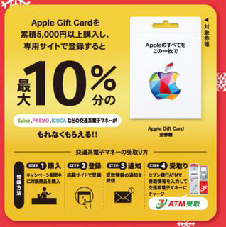 セブン‐イレブン Apple Gift Card 交通系電子マネーキャンペーン 