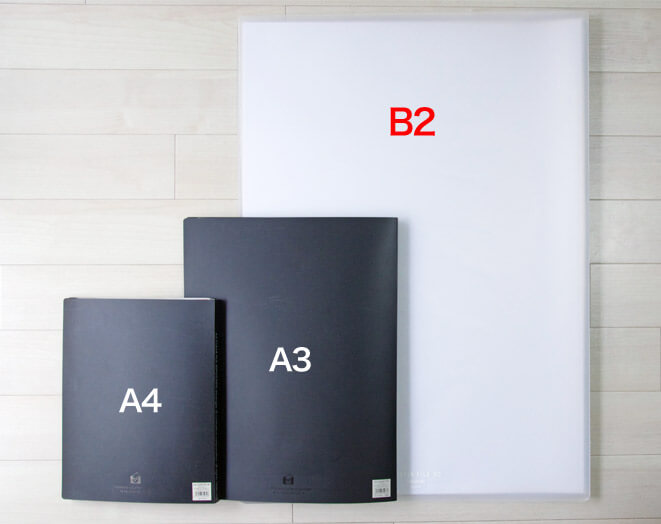 部屋の整理・収納におすすめ！キングジムのB2ポスター保存用のファイルを購入｜A4・A3・B2の各サイズ比較イメージ