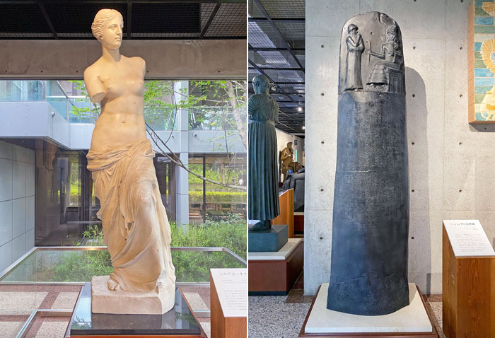 ルーブル彫刻美術館に展示されているミロのヴィーナスとハンムラビ法典の写真