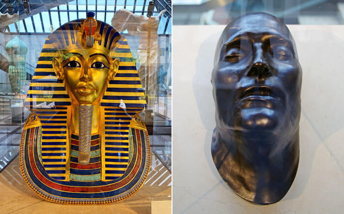 ルーブル彫刻美術館に展示されているツタンカーメン王の黄金のマスクとナポレオンのデスマスク